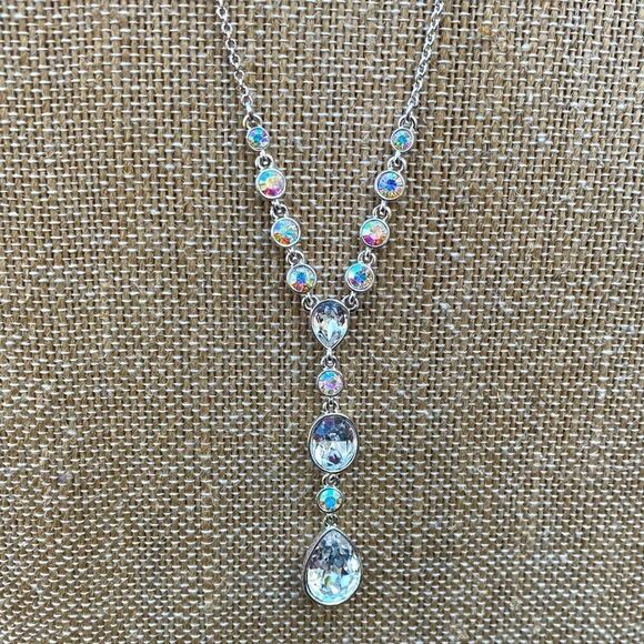 Givenchy Silver Necklace w/ Iridescent Round and Teardrop Crystals. EUC! - Picture 2 of 4